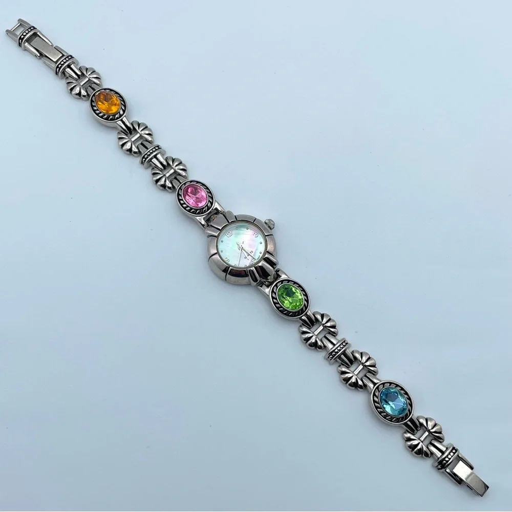 Vintage Mother of Pearl Face Watch Multi Gemstone Links Japan Quartz 7”